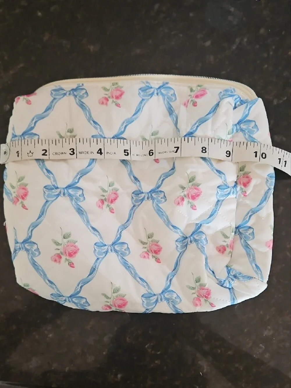 NWOT Quilted Floral Cosmetic Pouch in White with Blue Ribbon Print